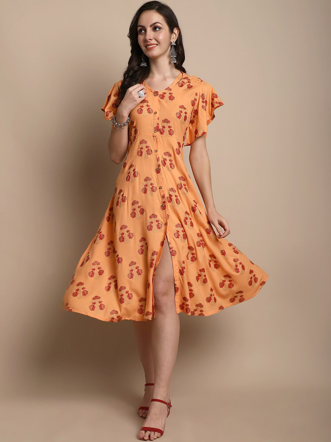 

Sangria Floral Printed V-Neck Fit & Flare Midi Dress, Orange