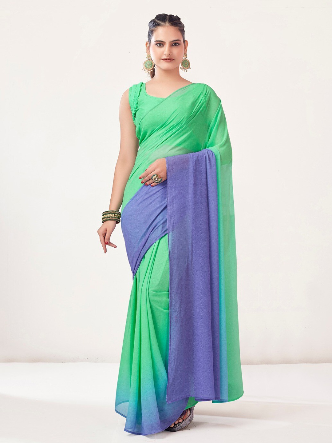 

Kalista Ready to Wear Ombre Dyed Poly Georgette Saree, Green