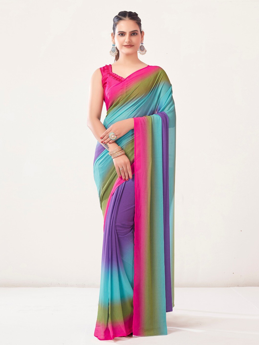 

Kalista REady to Wear Ombre Dyed Poly Georgette Saree, Blue