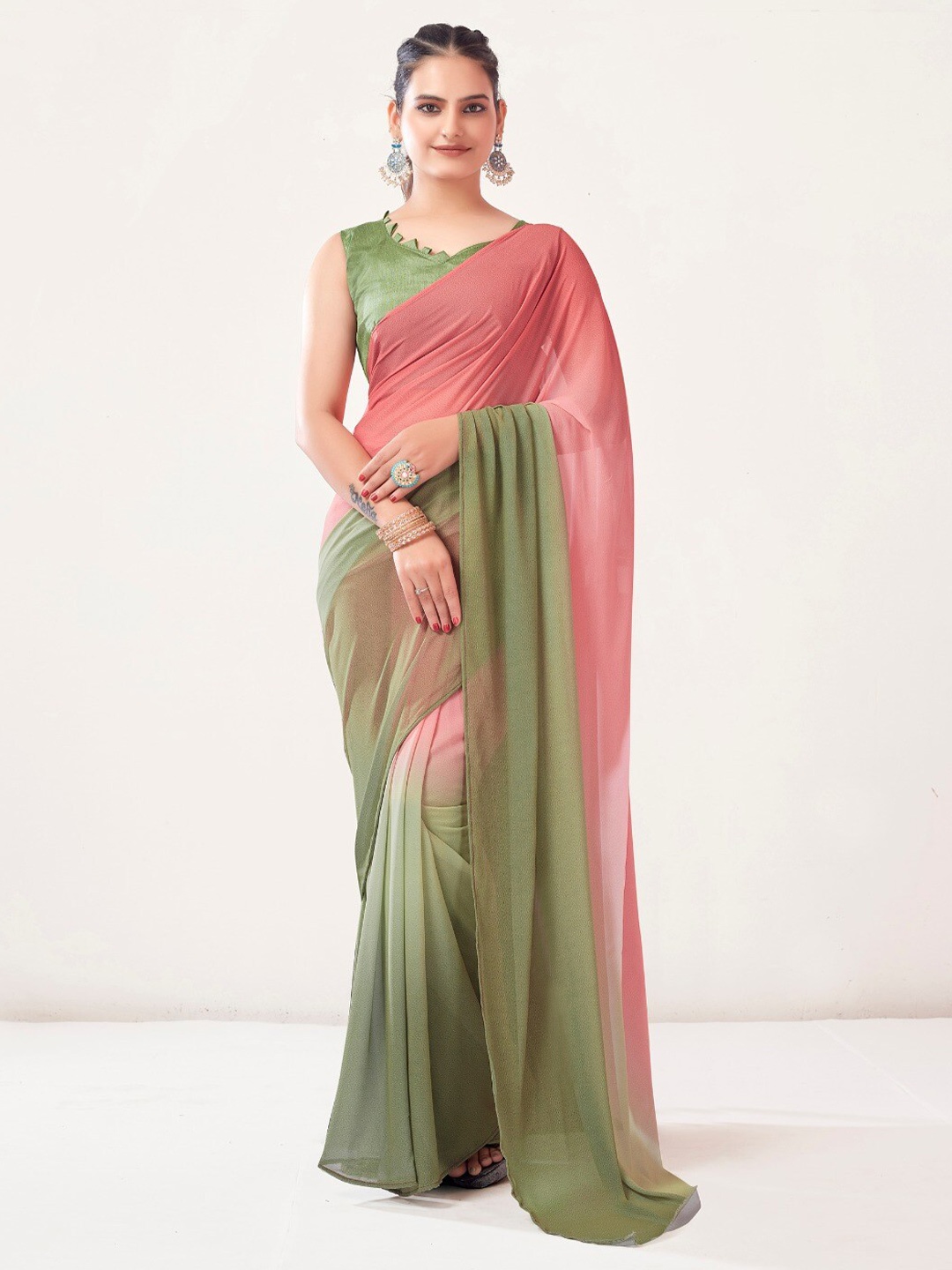 

Kalista Ombre Dyed Poly Georgette Ready to Wear Saree, Pink