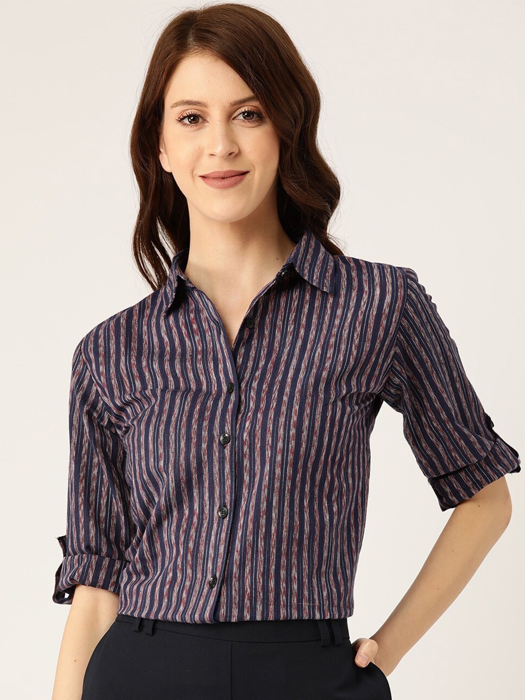 

BAESD Comfort Striped Spread Collar Roll-Up Sleeves Cotton Casual Shirt, Navy blue