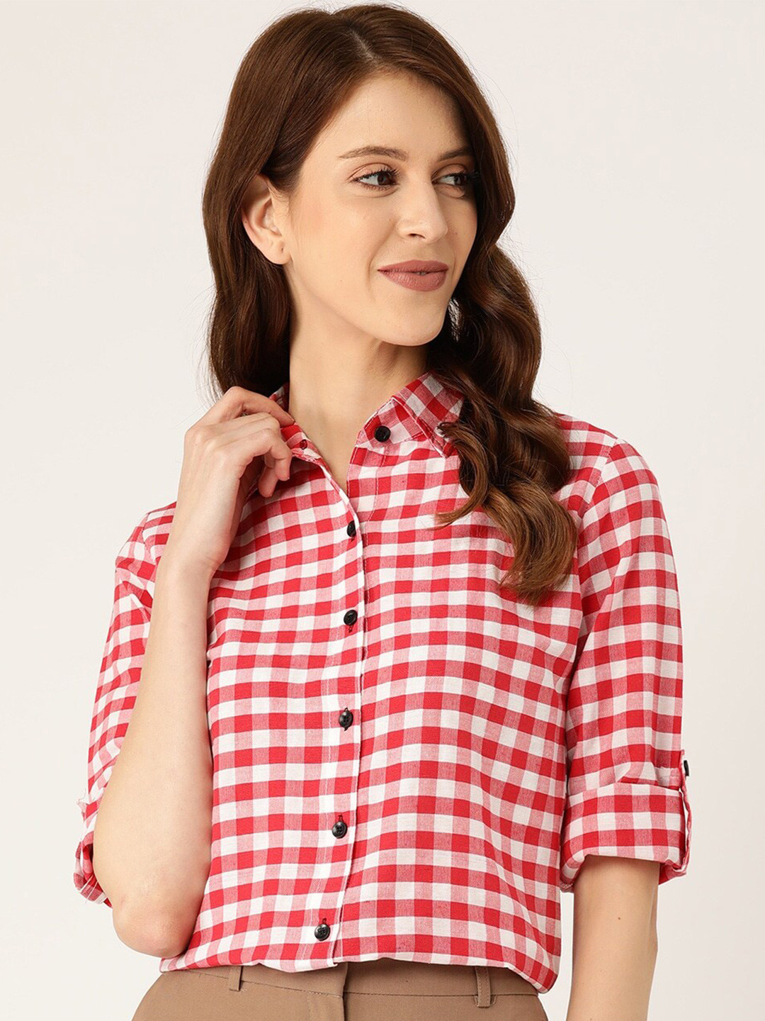 

BAESD Comfort Gingham Checks Checked Spread Collar Roll-Up Sleeves Cotton Casual Shirt, White