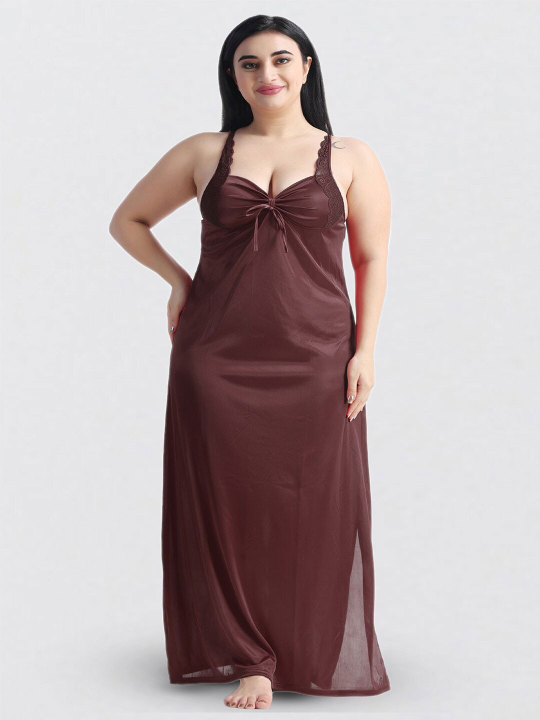 

NIGHT KEYS Shoulder Straps Satin Maxi Nightdress With Robe, Brown