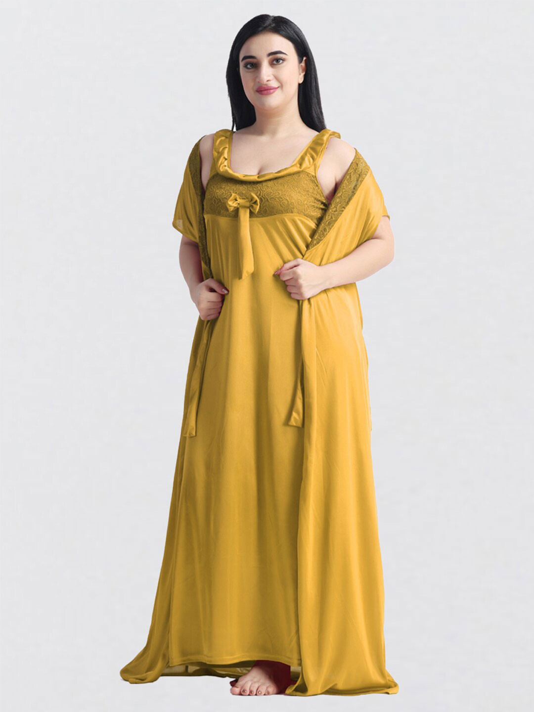 

NIGHT KEYS Shoulder Straps Satin Maxi Nightdress With Robe, Yellow