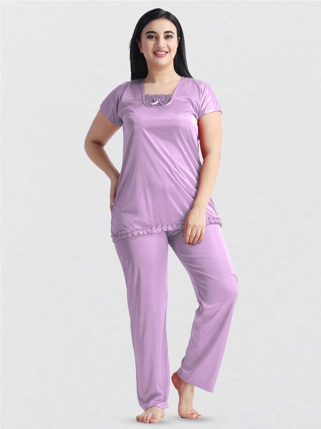 

NIGHT KEYS Satin Nighty With Robe Top & Pyjama Maxi Nightdress, Lavender