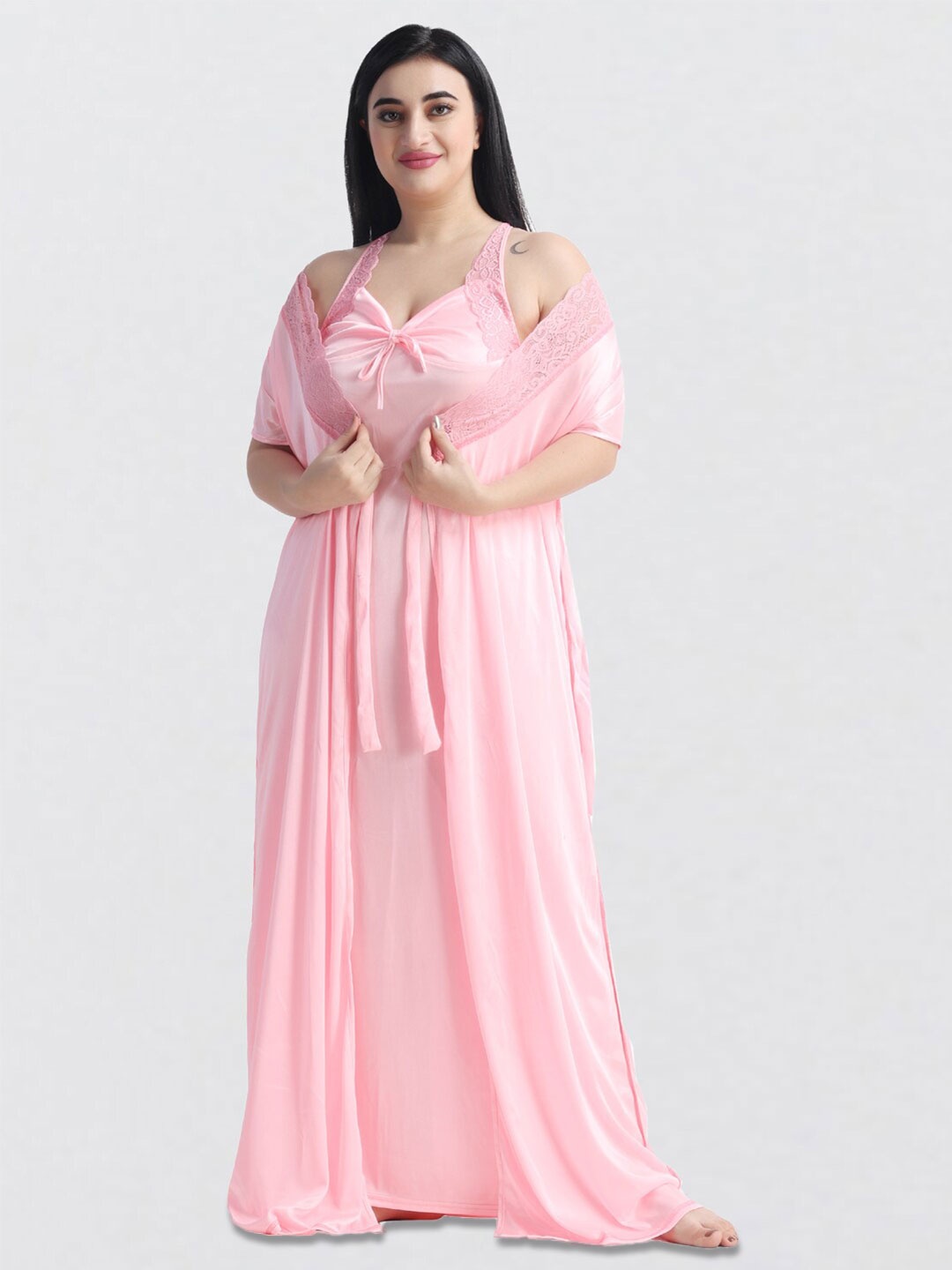 

NIGHT KEYS Shoulder Straps Satin Maxi Nightdress With Robe, Pink