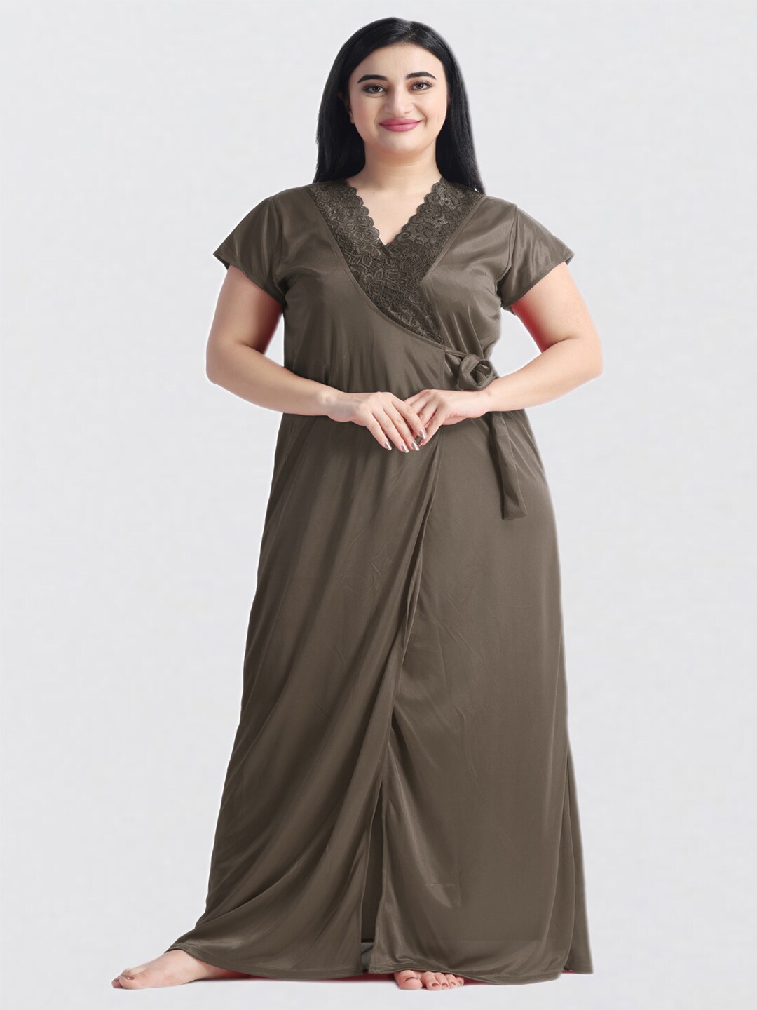 

NIGHT KEYS Shoulder Straps Satin Maxi Nightdress With Robe, Olive