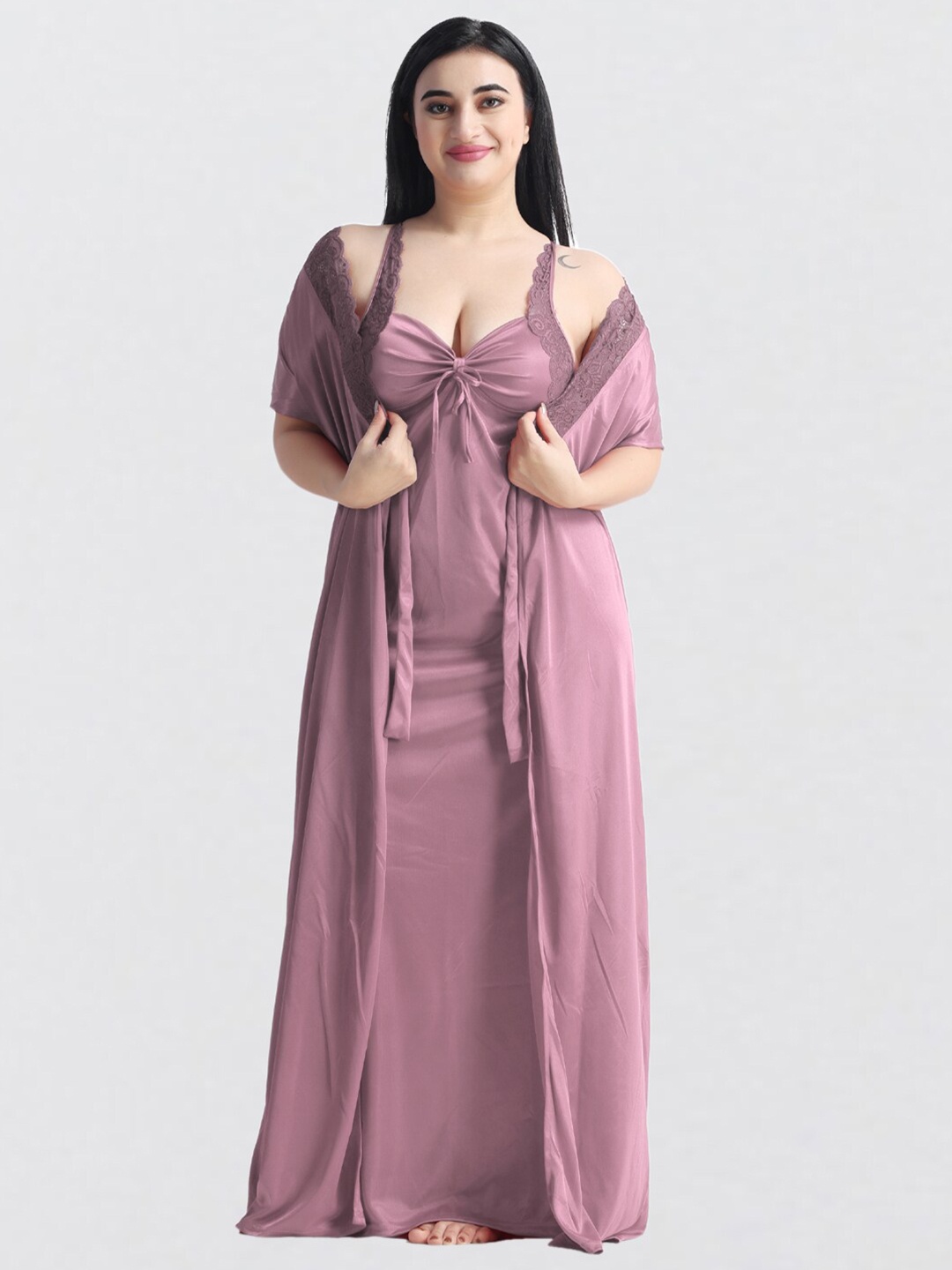 

NIGHT KEYS Pack Of 6 Satin Maxi Nightdress With Robe, Mauve