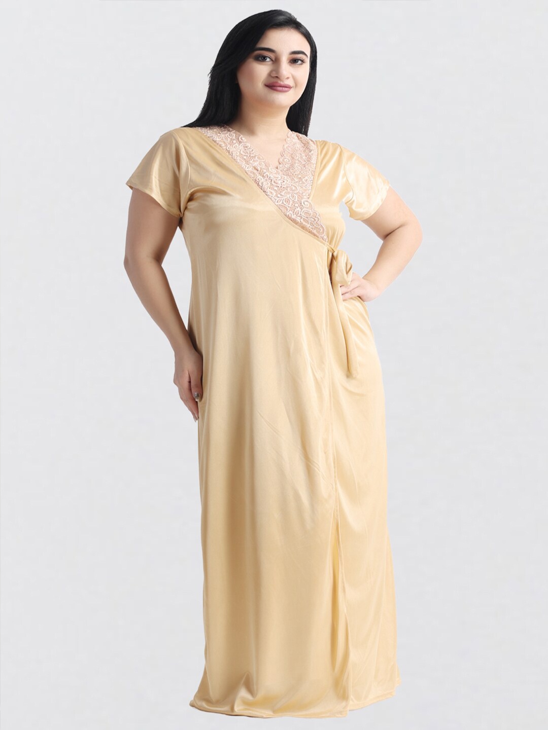 

NIGHT KEYS Satin Nighty With Robe Top & Pyjama Maxi Nightdress, Gold