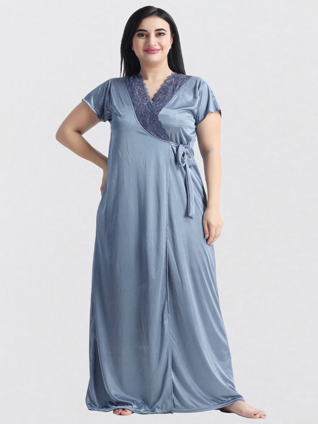

NIGHT KEYS V-Neck Satin Maxi Nightdress With Robe, Grey