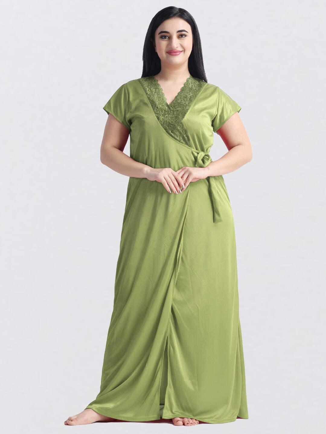 

NIGHT KEYS Satin Nighty With Robe Top & Pyjama Maxi Nightdress, Lime green