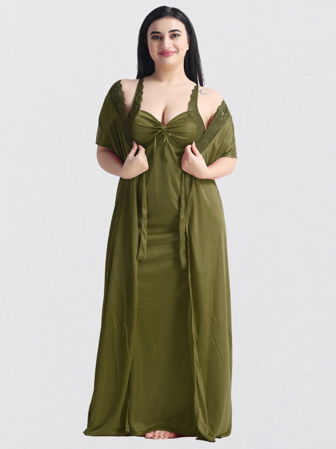 

NIGHT KEYS Pack Of 6 Satin Maxi Nightdress With Robe, Green
