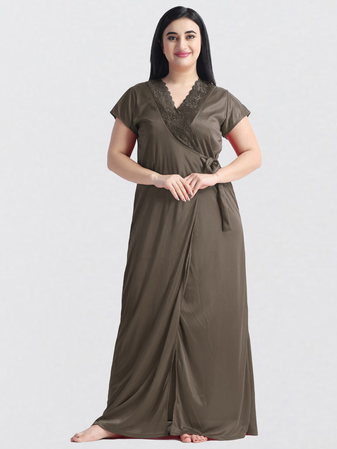 

NIGHT KEYS Pack Of 3 Satin Nightdress Set, Olive