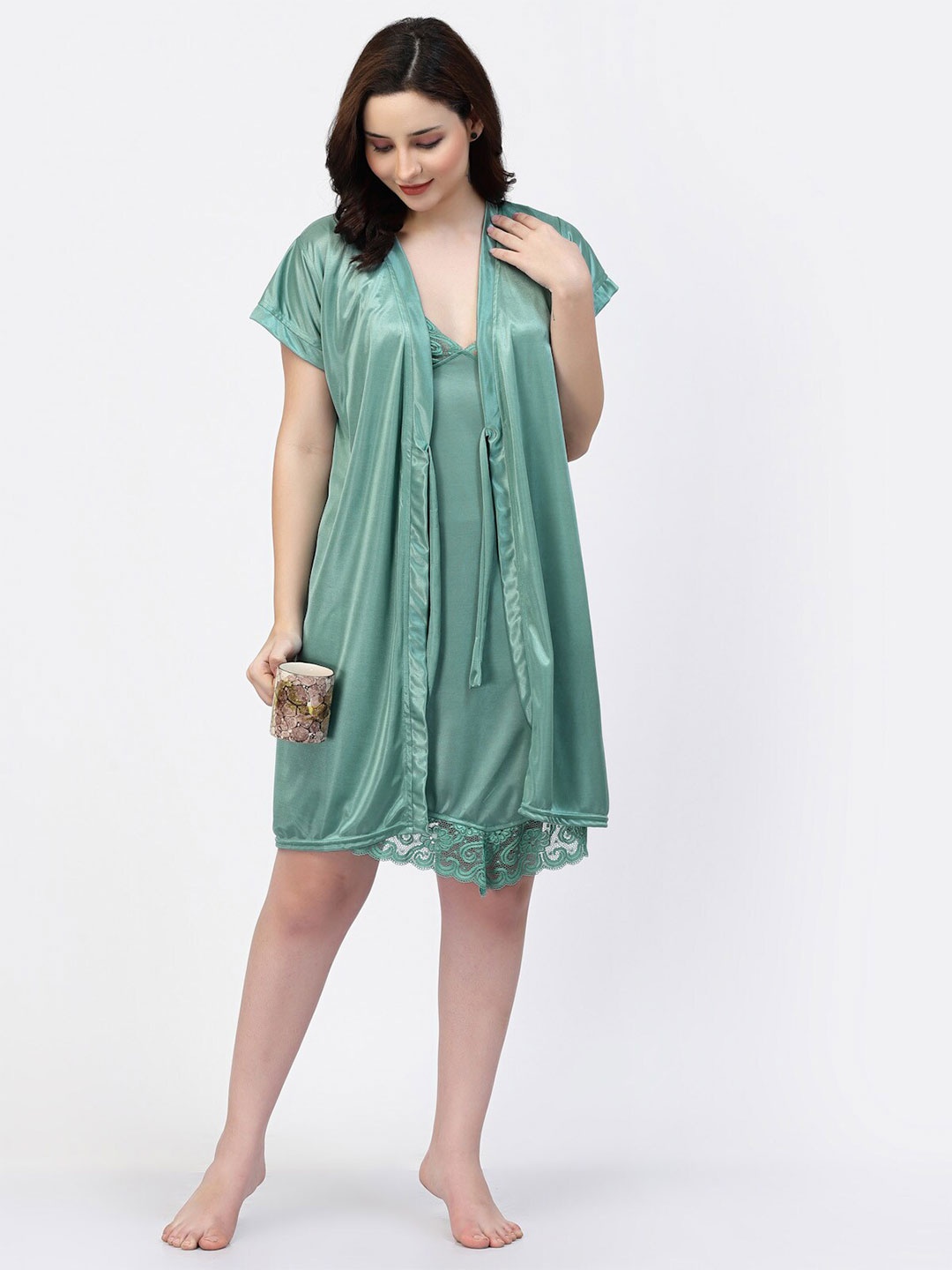 

NIGHT KEYS Satin Nightdress With Robe, Lime green