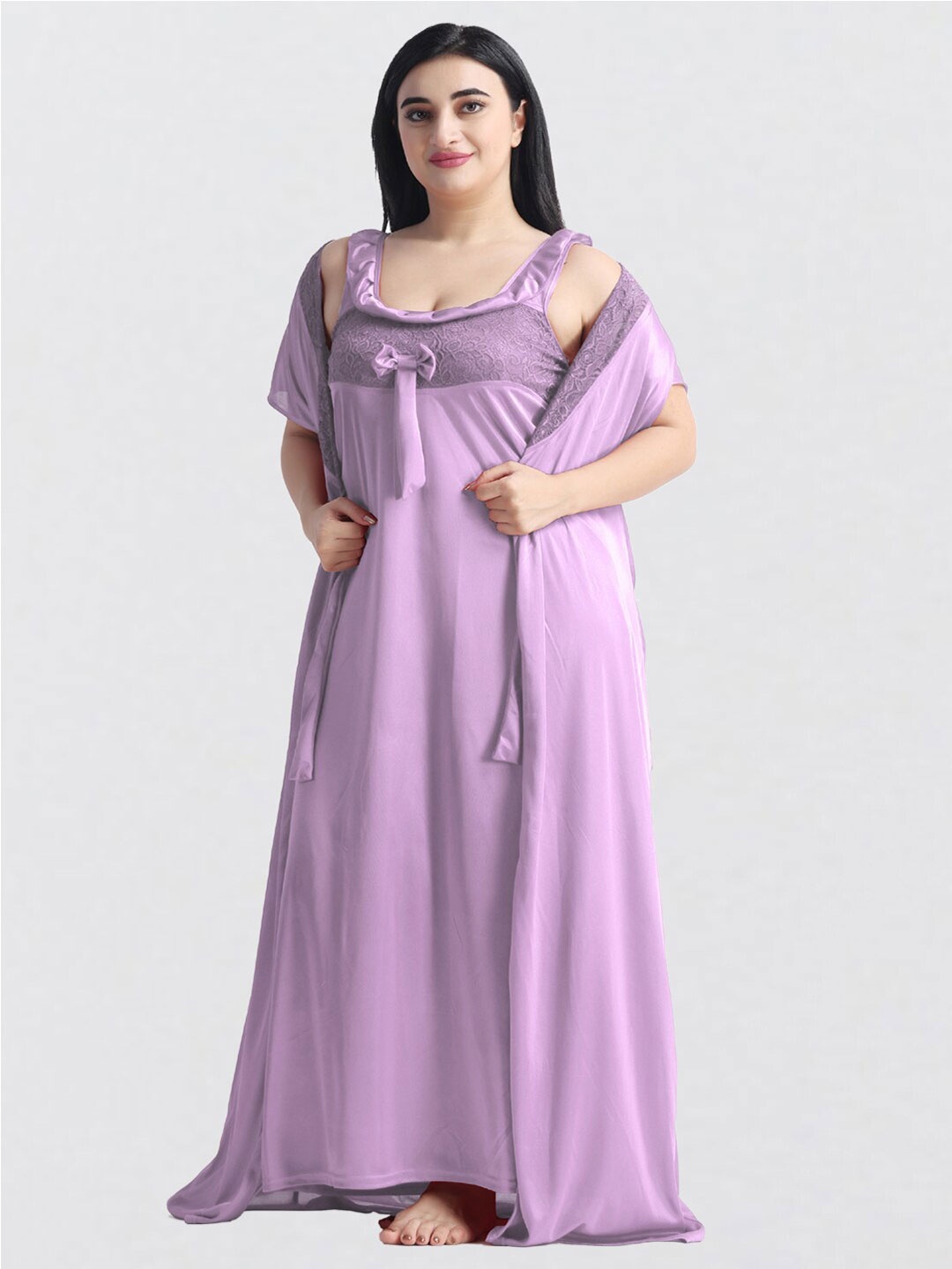 

NIGHT KEYS Satin Maxi Nightdress With Robe, Lavender