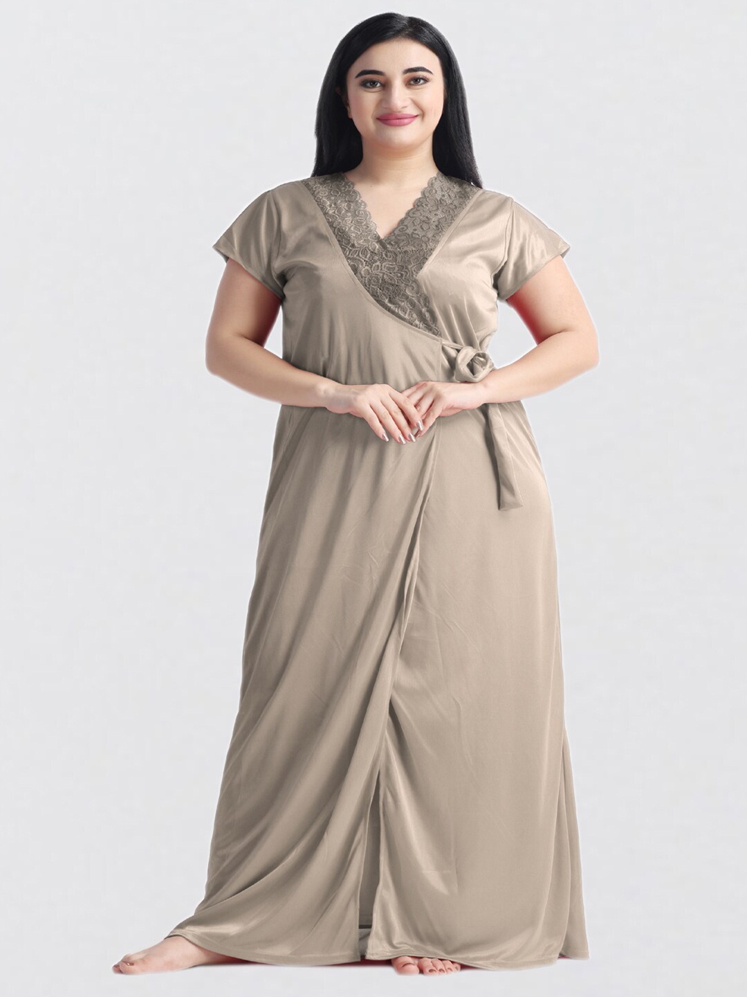 

NIGHT KEYS Satin Maxi Nightdress With Robe, Beige