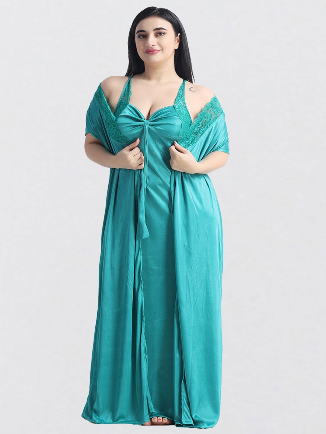 

NIGHT KEYS Satin Maxi Nightdress With Robe, Turquoise blue