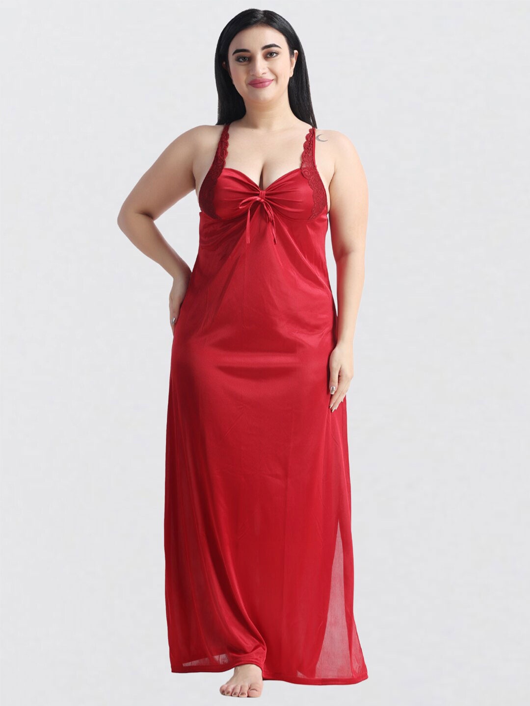 

NIGHT KEYS Satin Maxi Nightdress With Robe, Maroon