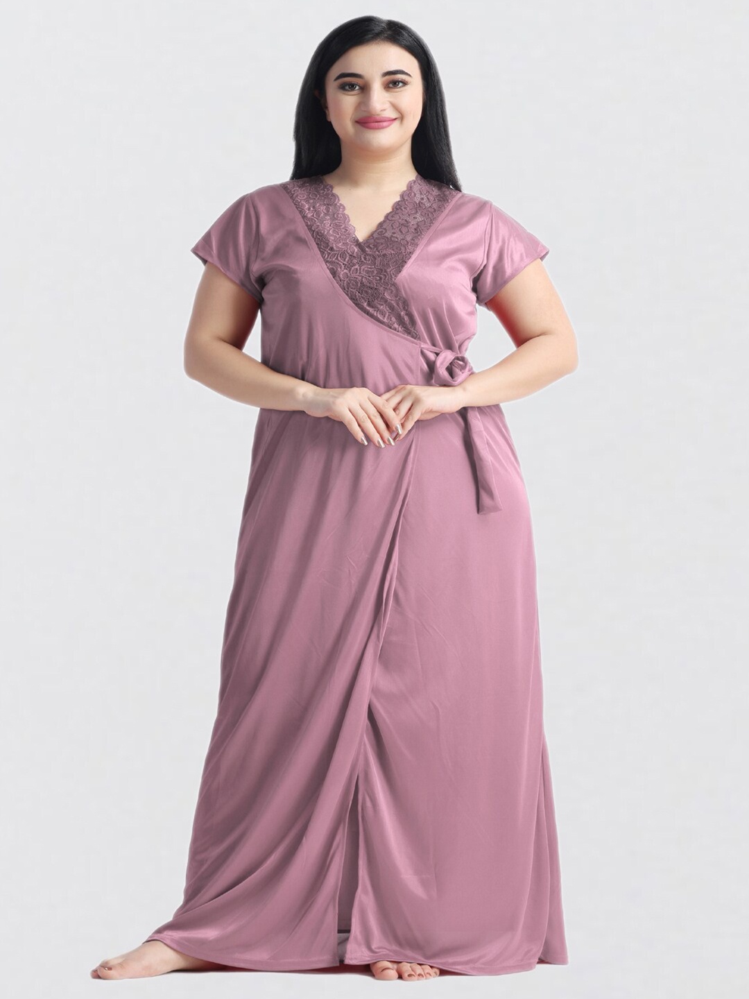 

NIGHT KEYS Lace & Bow Detail Satin Maxi Nightdress With Robe, Purple