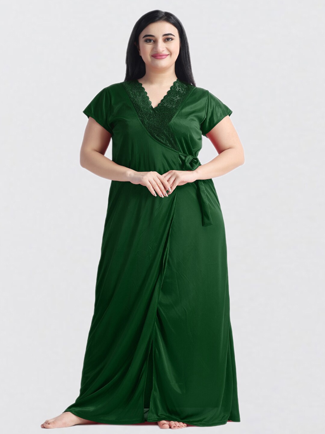 

NIGHT KEYS Lace & Tie-Up Detail Satin Maxi Nightdress With Robe, Green