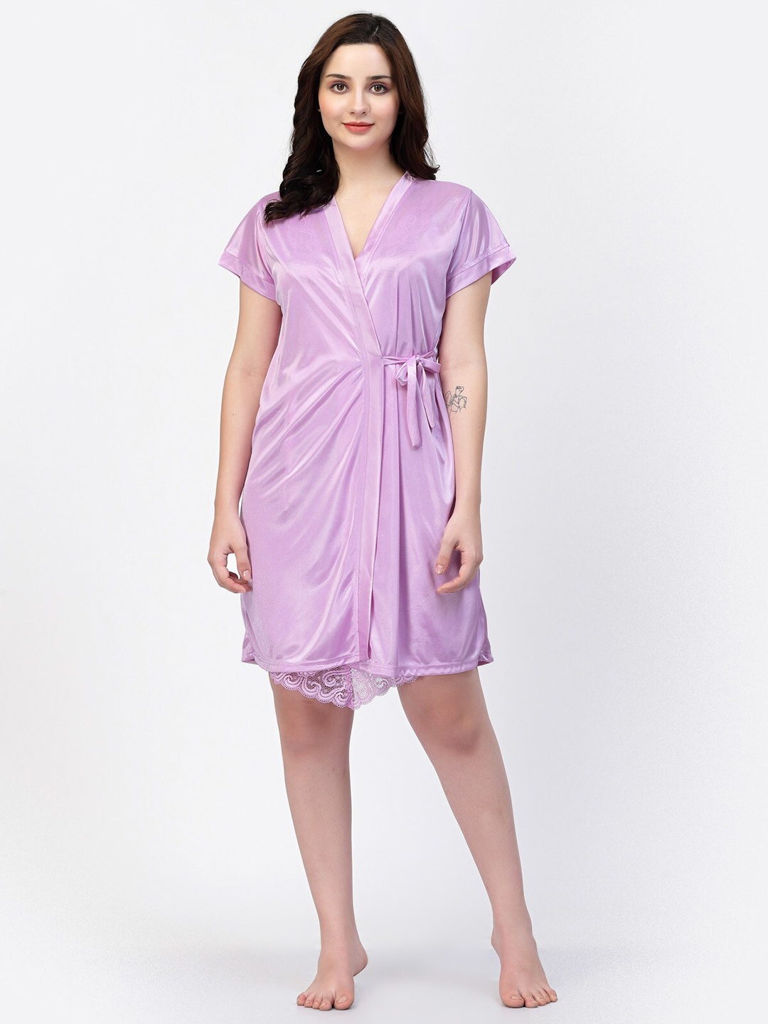 

NIGHT KEYS Lace Detail Satin Nightdress With Robe, Lavender