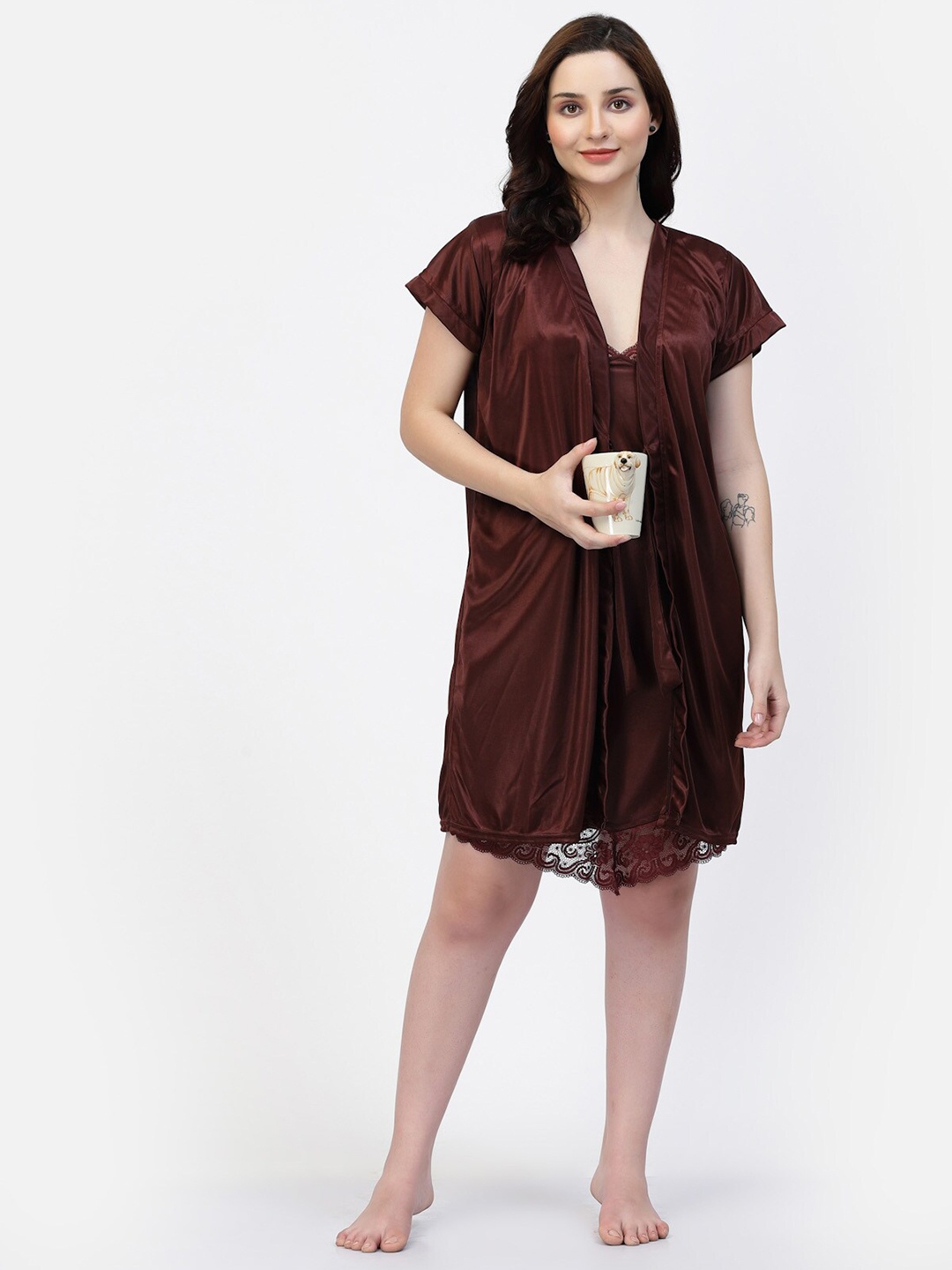 

NIGHT KEYS Lace Detail Satin Nightdress With Robe, Brown