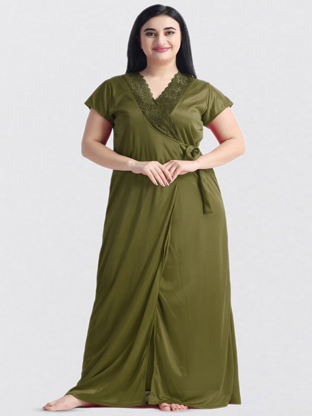 

NIGHT KEYS Lace & Bow Detail Satin Maxi Nightdress With Robe, Green