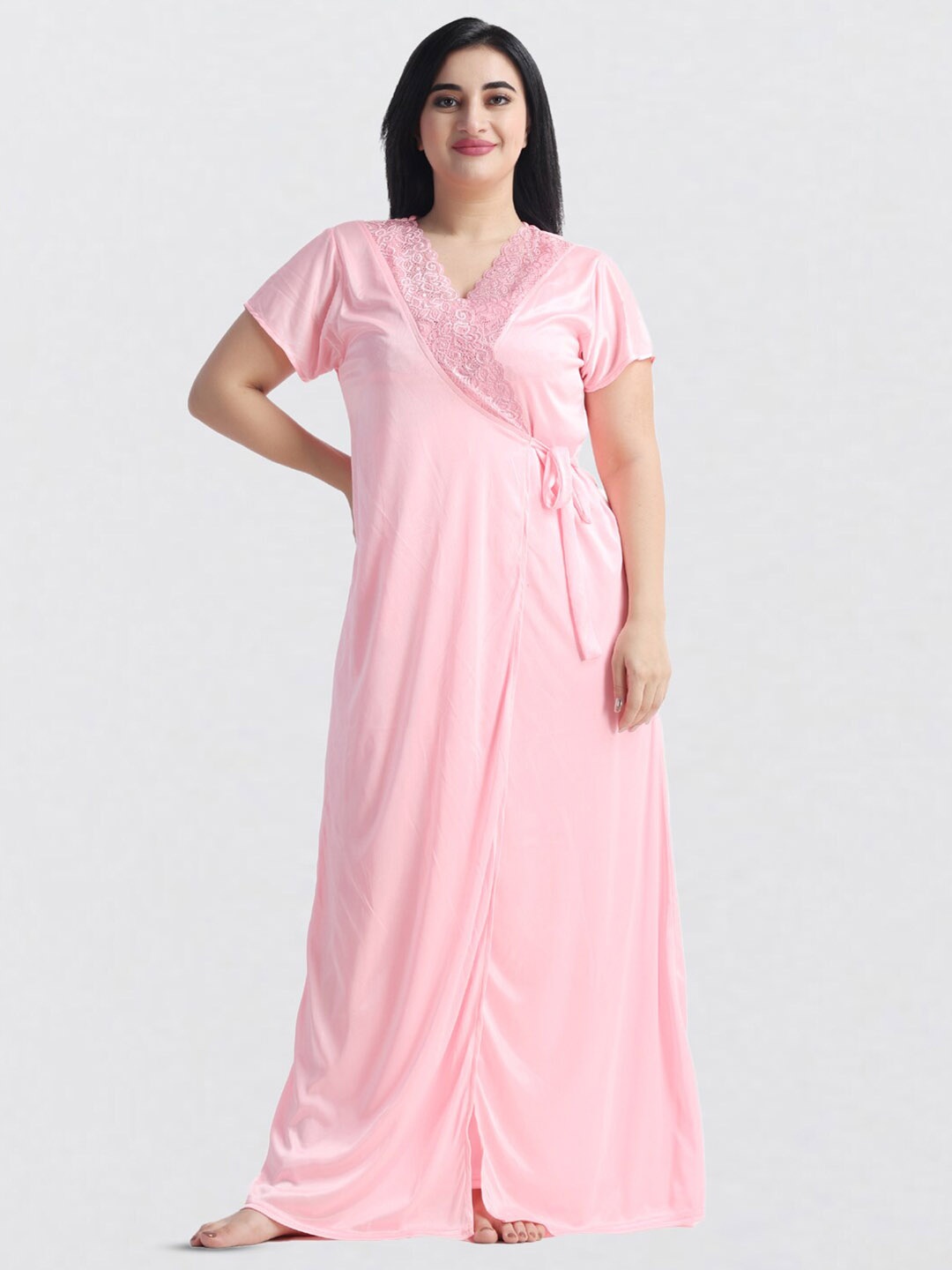 

NIGHT KEYS Pack Of 4 Lace & Ruffled Detail Satin Maxi Nightdress With Robe & Night Suit, Pink
