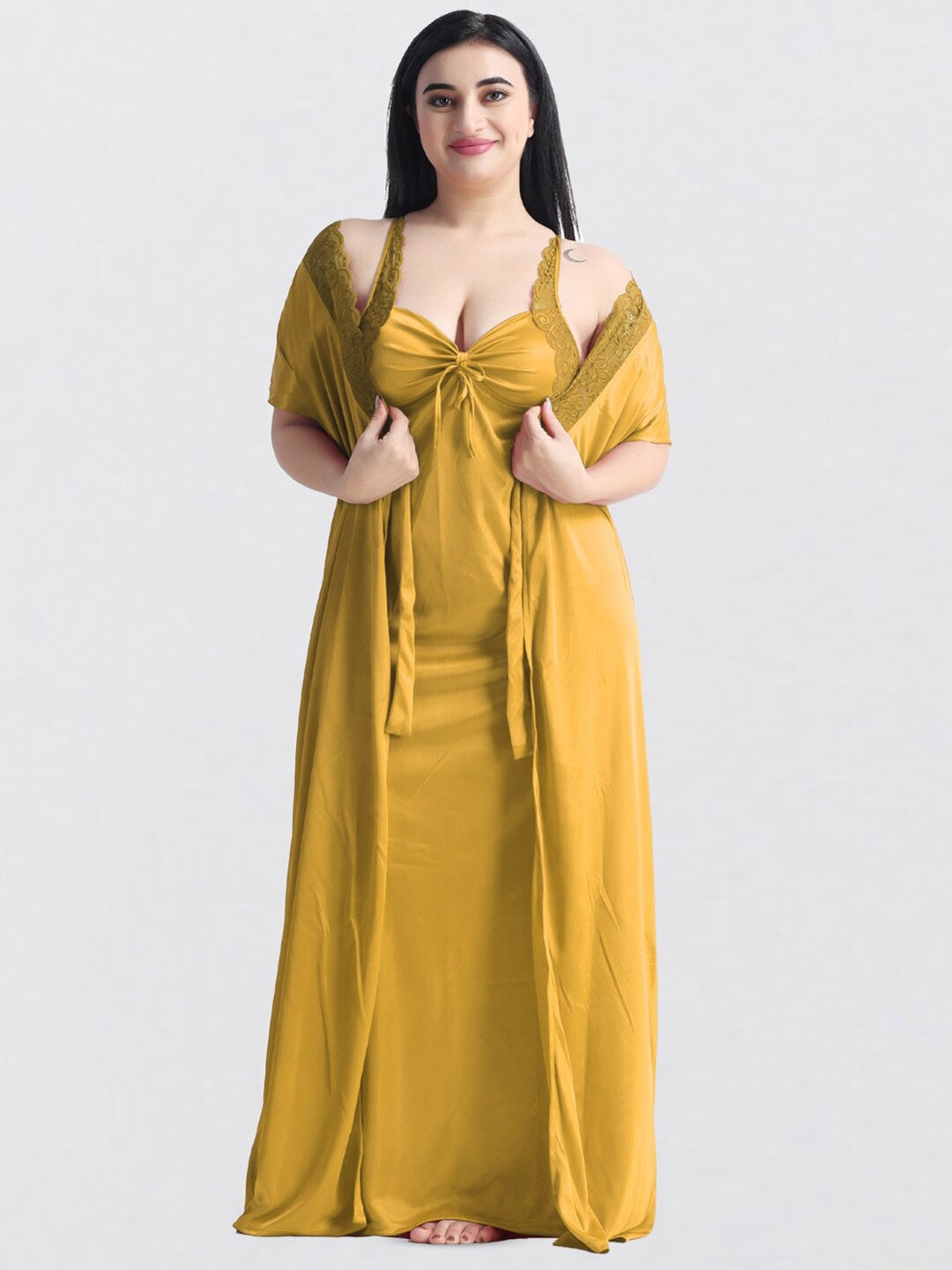 

NIGHT KEYS Pack Of 6 Lace Detail Maxi Nightdress With Robe, Nightsuit & Lingerie Set, Yellow
