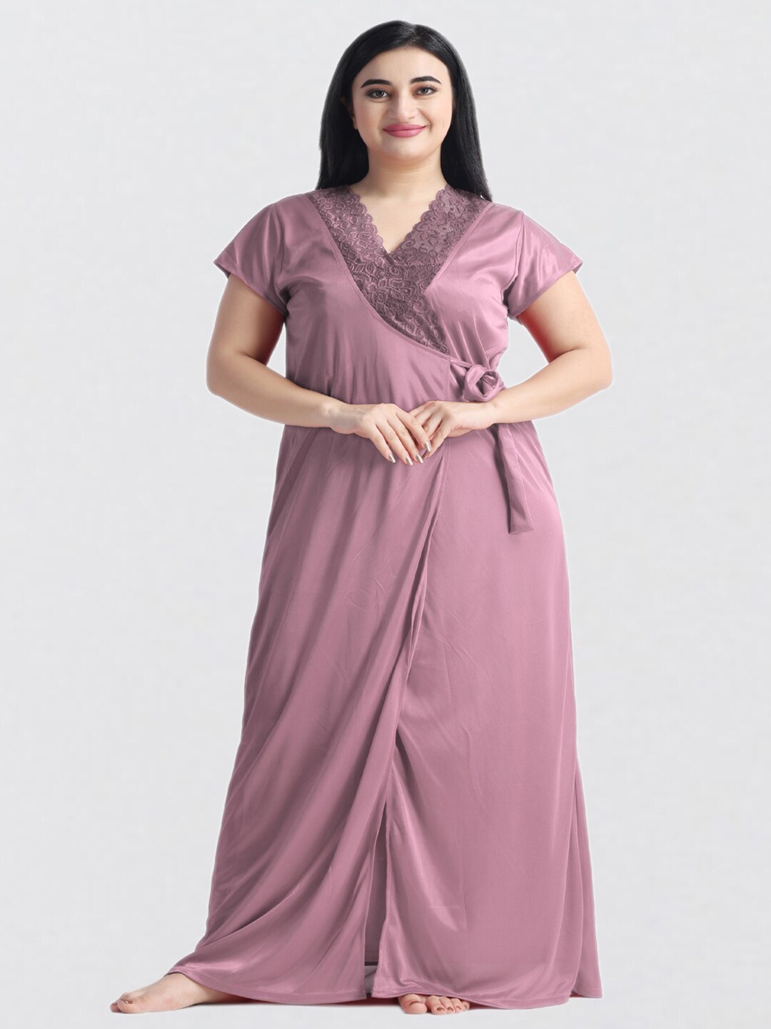 

NIGHT KEYS V-Neck Satin Maxi Nightdress With Robe, Purple