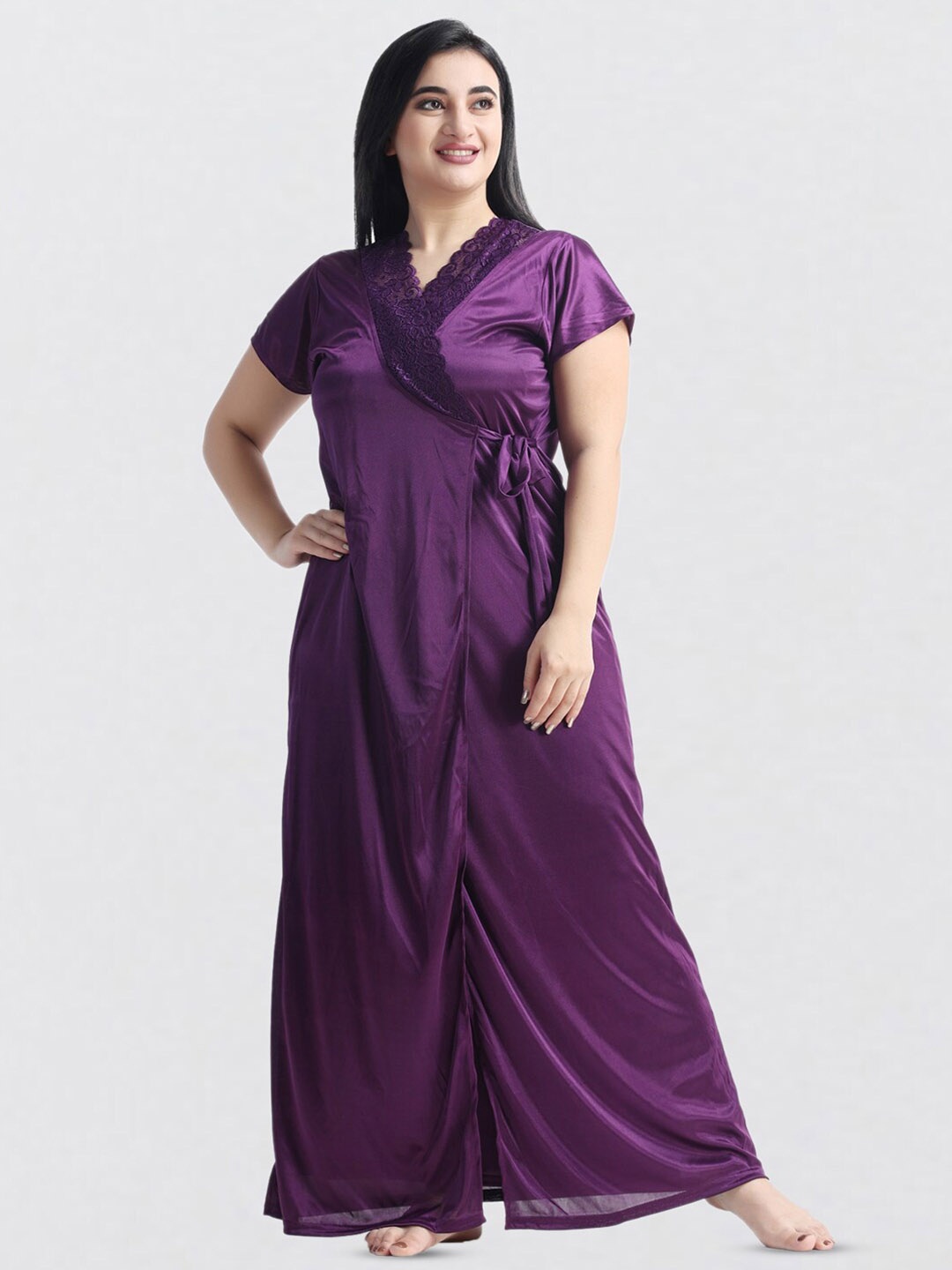 

NIGHT KEYS V-Neck Satin Maxi Nightdress With Robe, Purple
