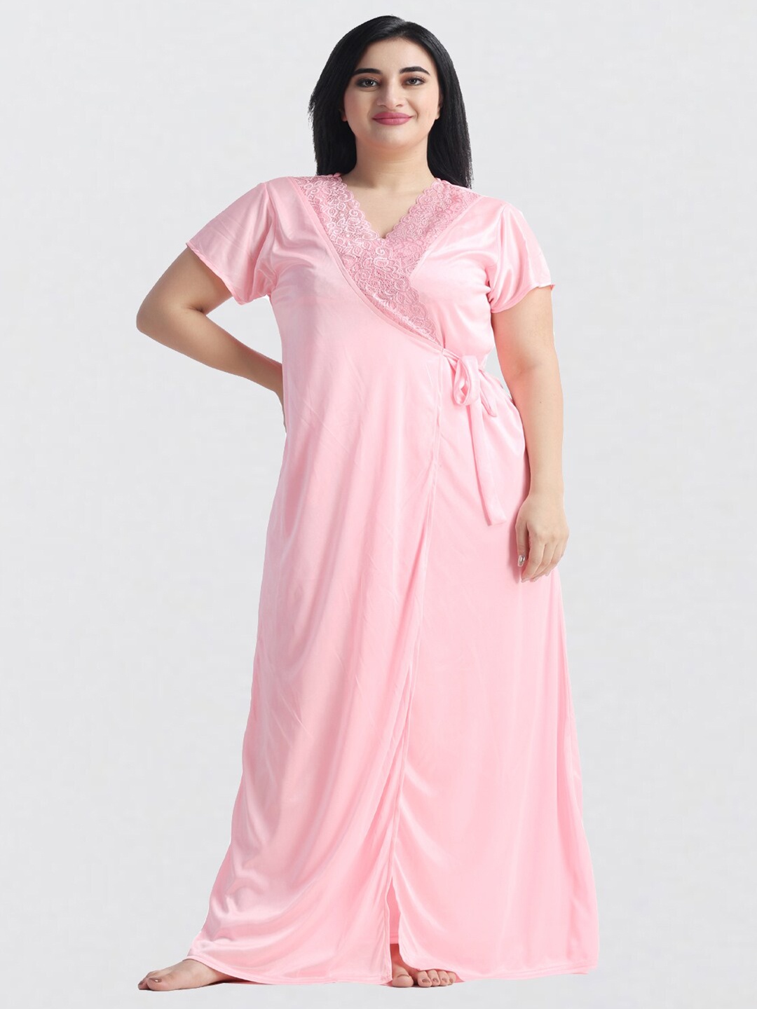 

NIGHT KEYS V-Neck Satin Maxi Nightdress With Robe, Pink