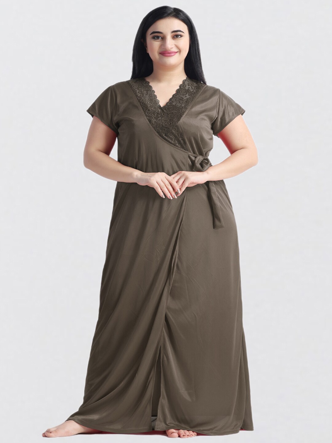 

NIGHT KEYS V-Neck Satin Maxi Nightdress With Robe, Olive