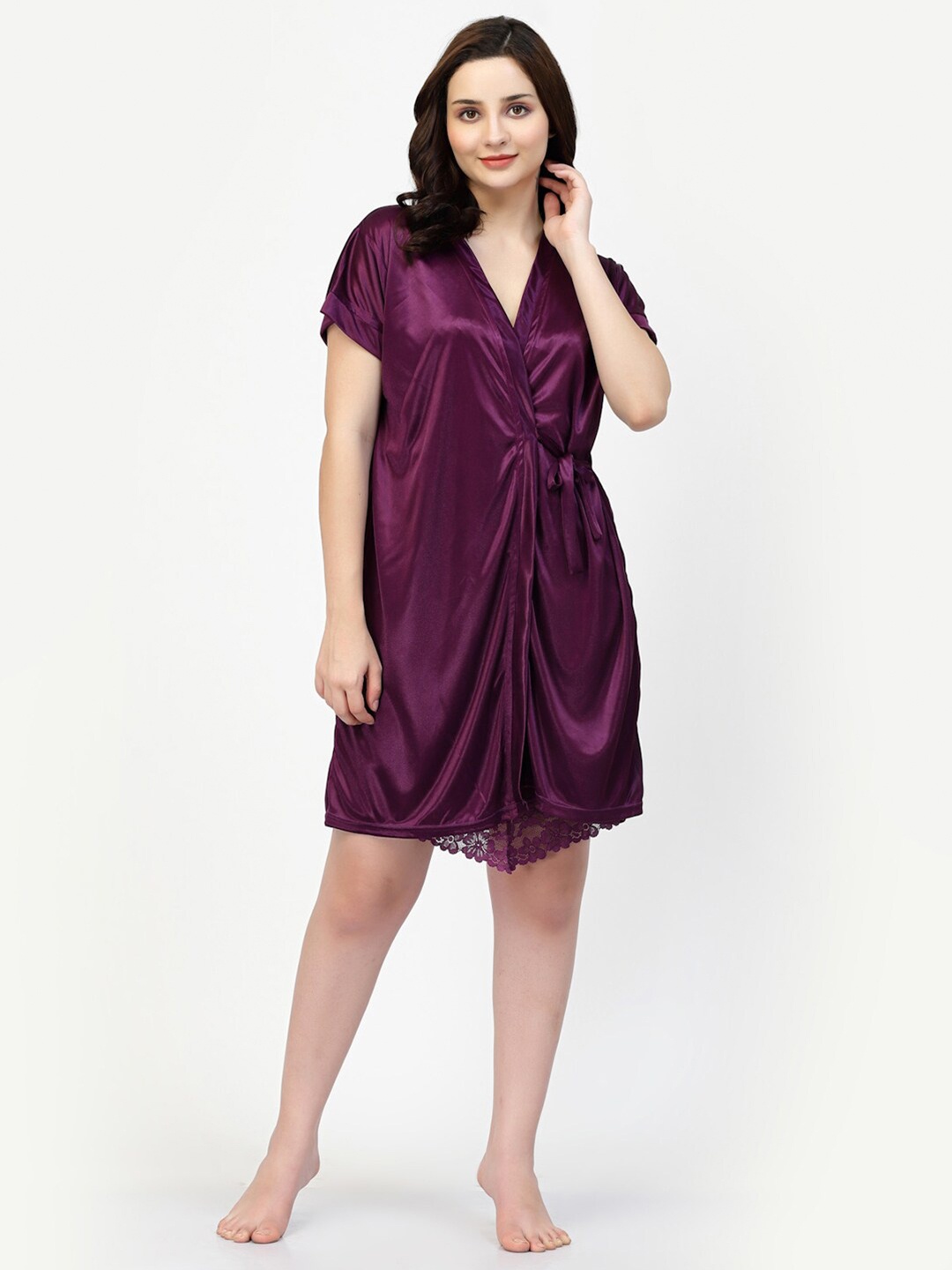 

NIGHT KEYS V-Neck Satin Maxi Nightdress With Robe, Purple