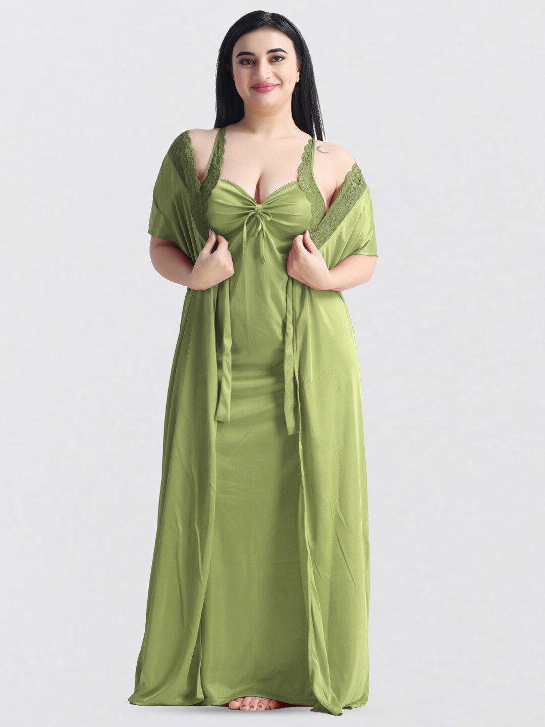 

NIGHT KEYS V-Neck Satin Maxi Nightdress With Robe, Lime green