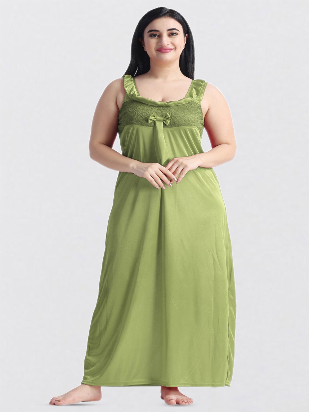 

NIGHT KEYS Lace Insert Satin Maxi Nightdress with Robe, Lime green