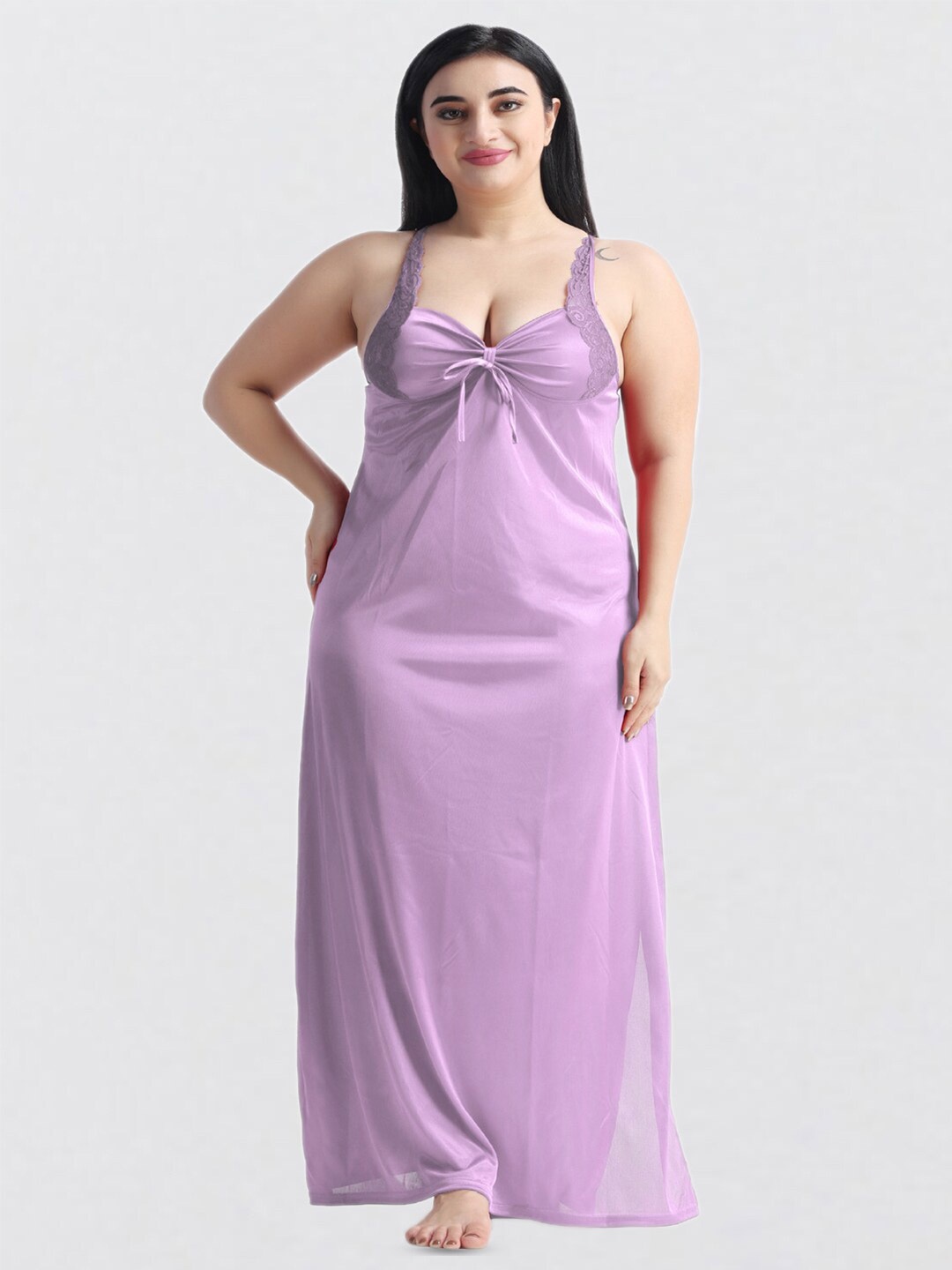 

NIGHT KEYS Lace Insert Satin Maxi Nightdress with Robe, Lavender