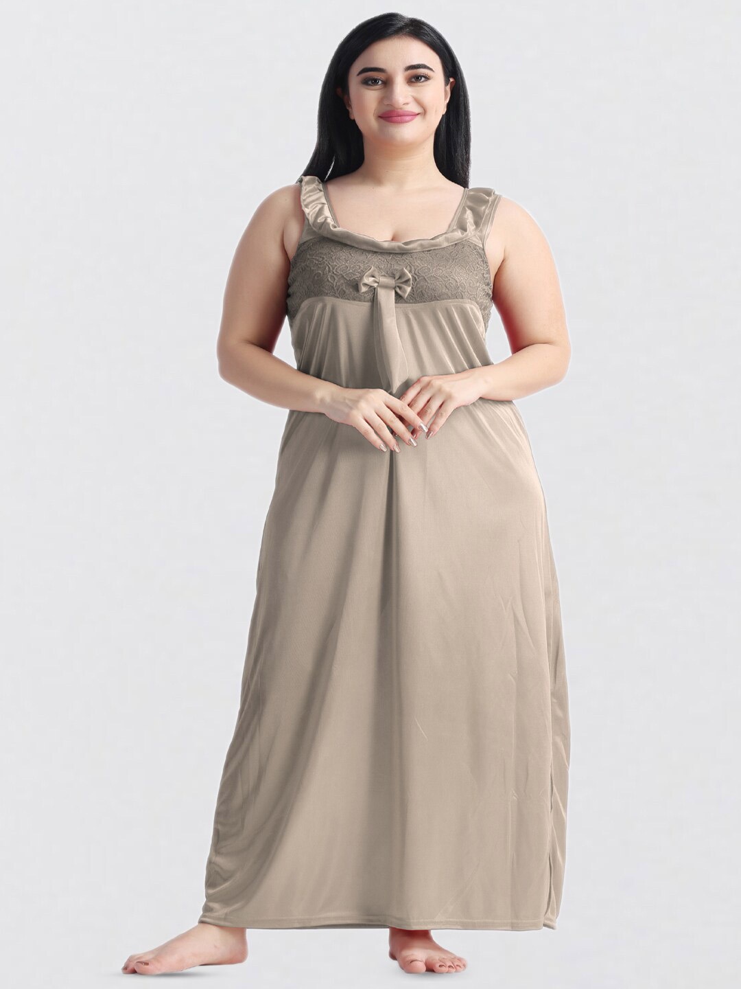 

NIGHT KEYS Lace Insert Satin Maxi Nightdress with Robe, Beige