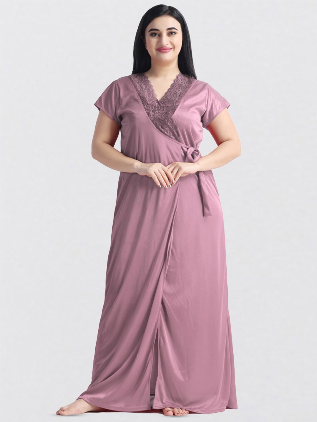 

NIGHT KEYS 4 Pieces Lace Insert Satin Maxi Nightdress, Mauve