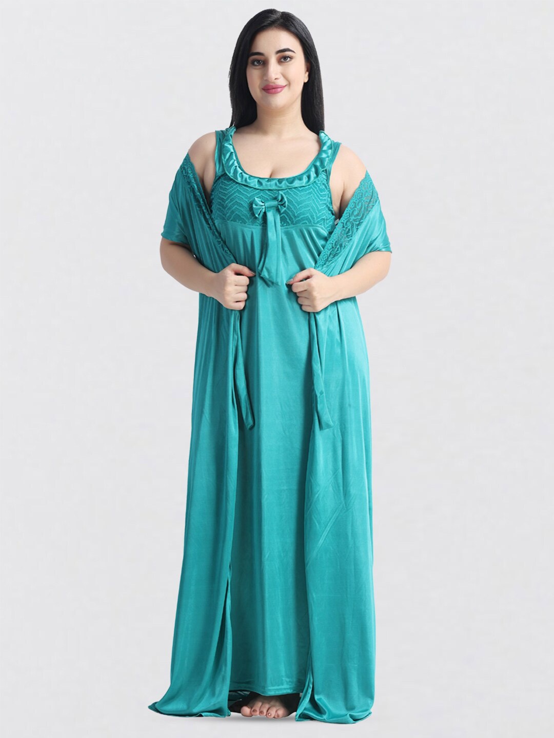 

NIGHT KEYS 4 Pieces Lace Insert Satin Maxi Nightdress, Turquoise blue