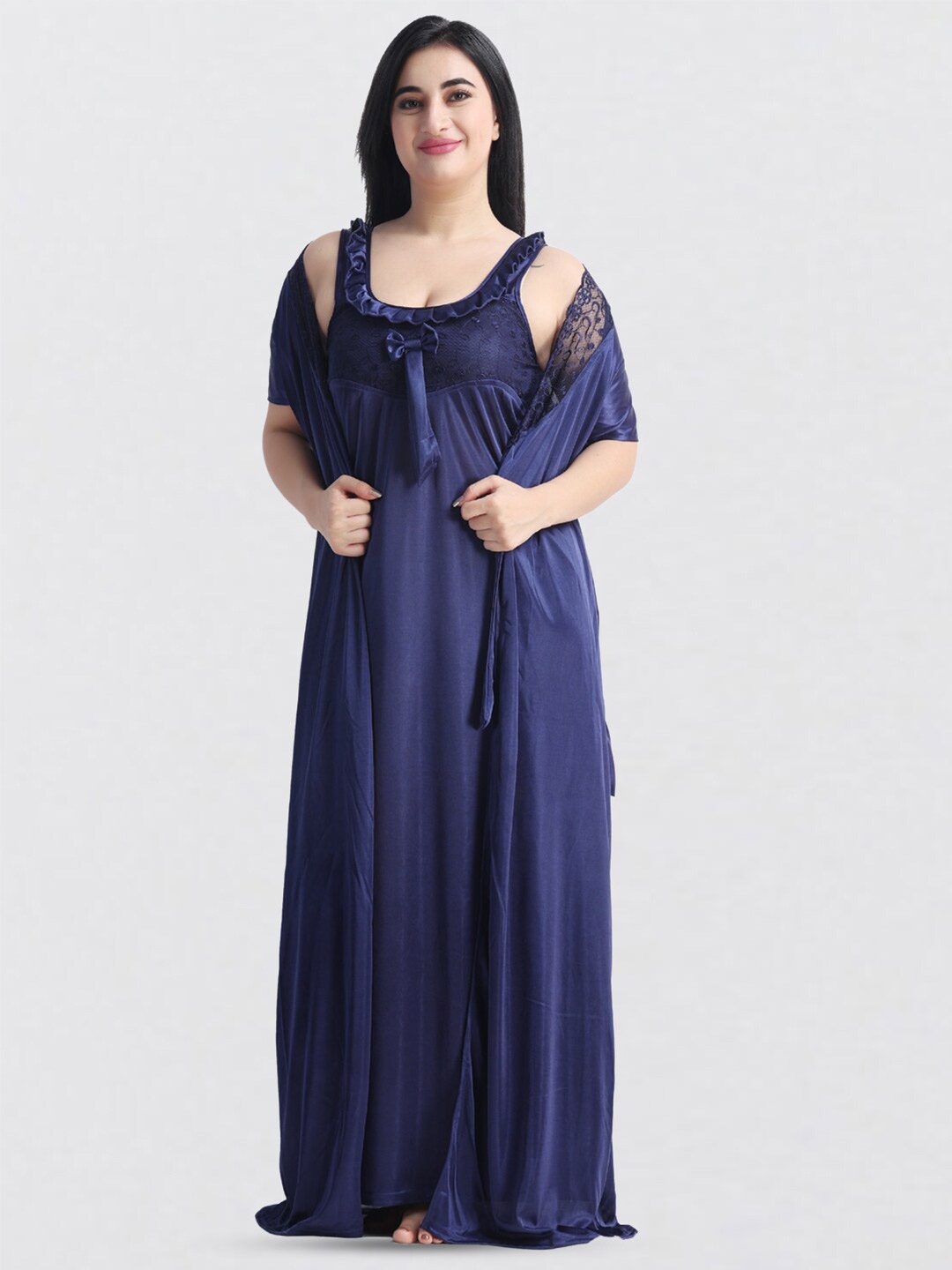 

NIGHT KEYS Pack of 2 Maxi Nighty with Robe Top & Pajama, Navy blue