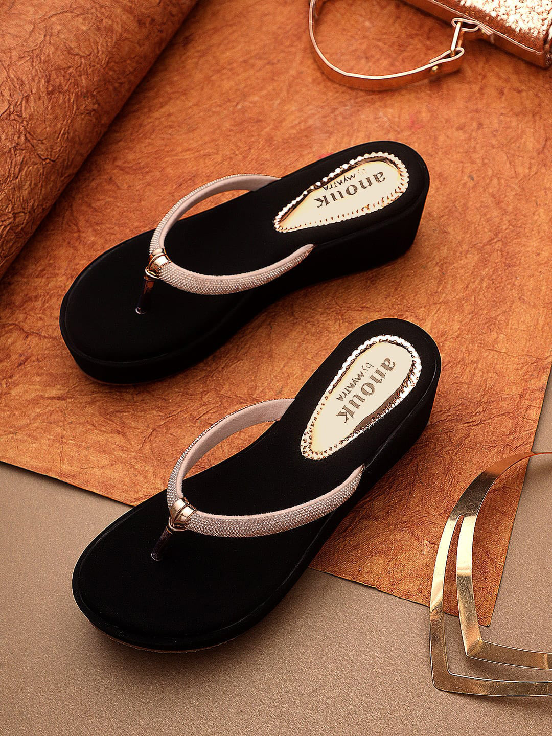 

Anouk Rose Gold & Black Embellished Open Toe Flatform Heels
