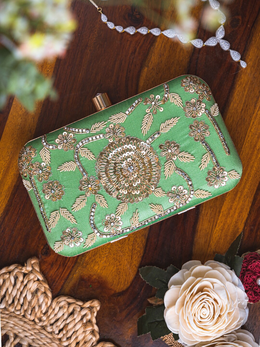 

Anouk Embellished Box Clutch, Green