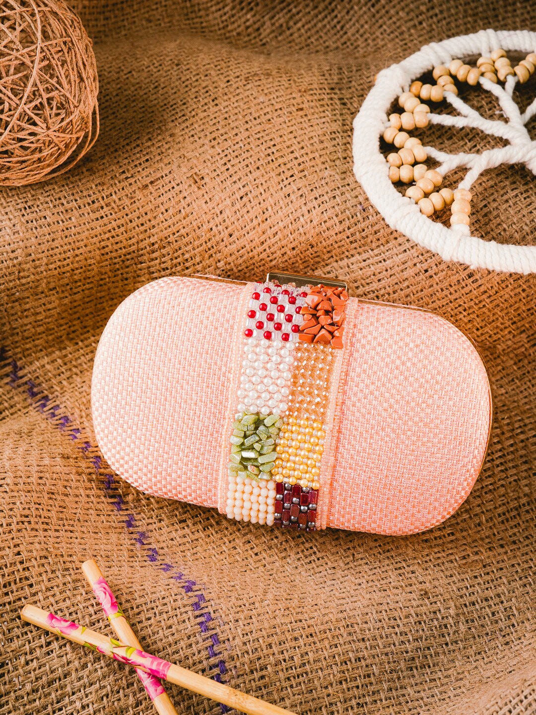 

Anouk Peach-Coloured & Red Embellished Box Clutch