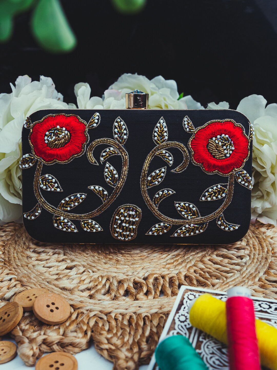 

Anouk Black & Red Embroidered Box Clutch