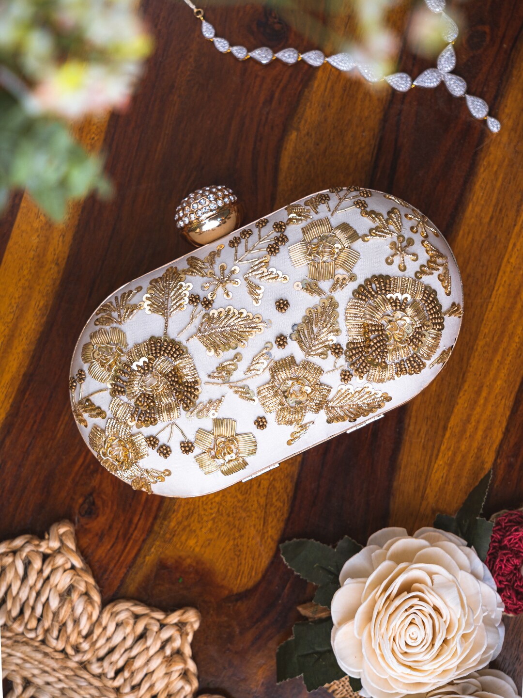 

Anouk White & Gold-Toned Embellished Box Clutch