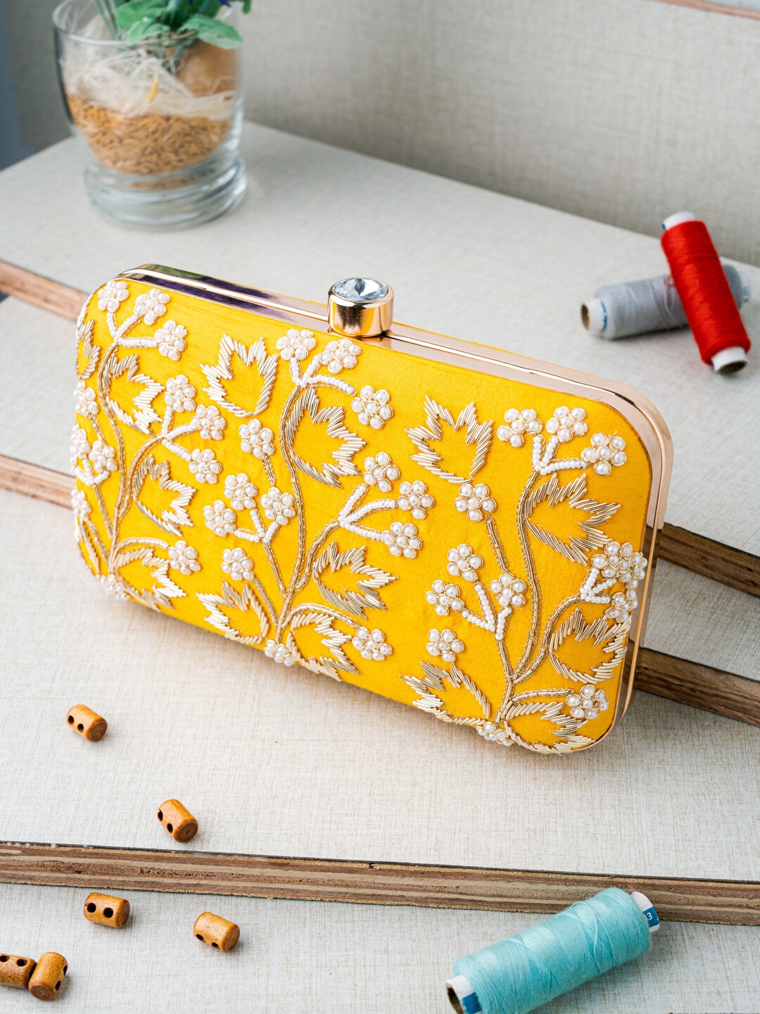 

Anouk Embroidered Box Clutch, Yellow