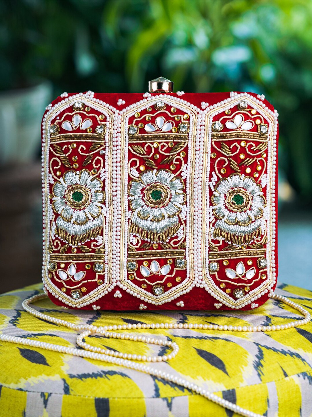 

Sangria Red Embellished Embroidered Box Clutch