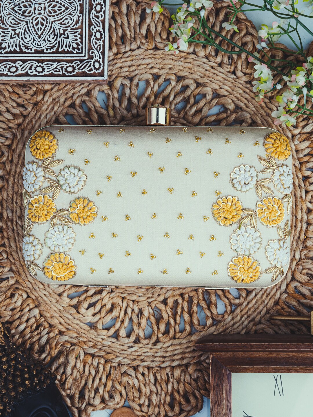 

Sangria Beige Embellished Box Clutch