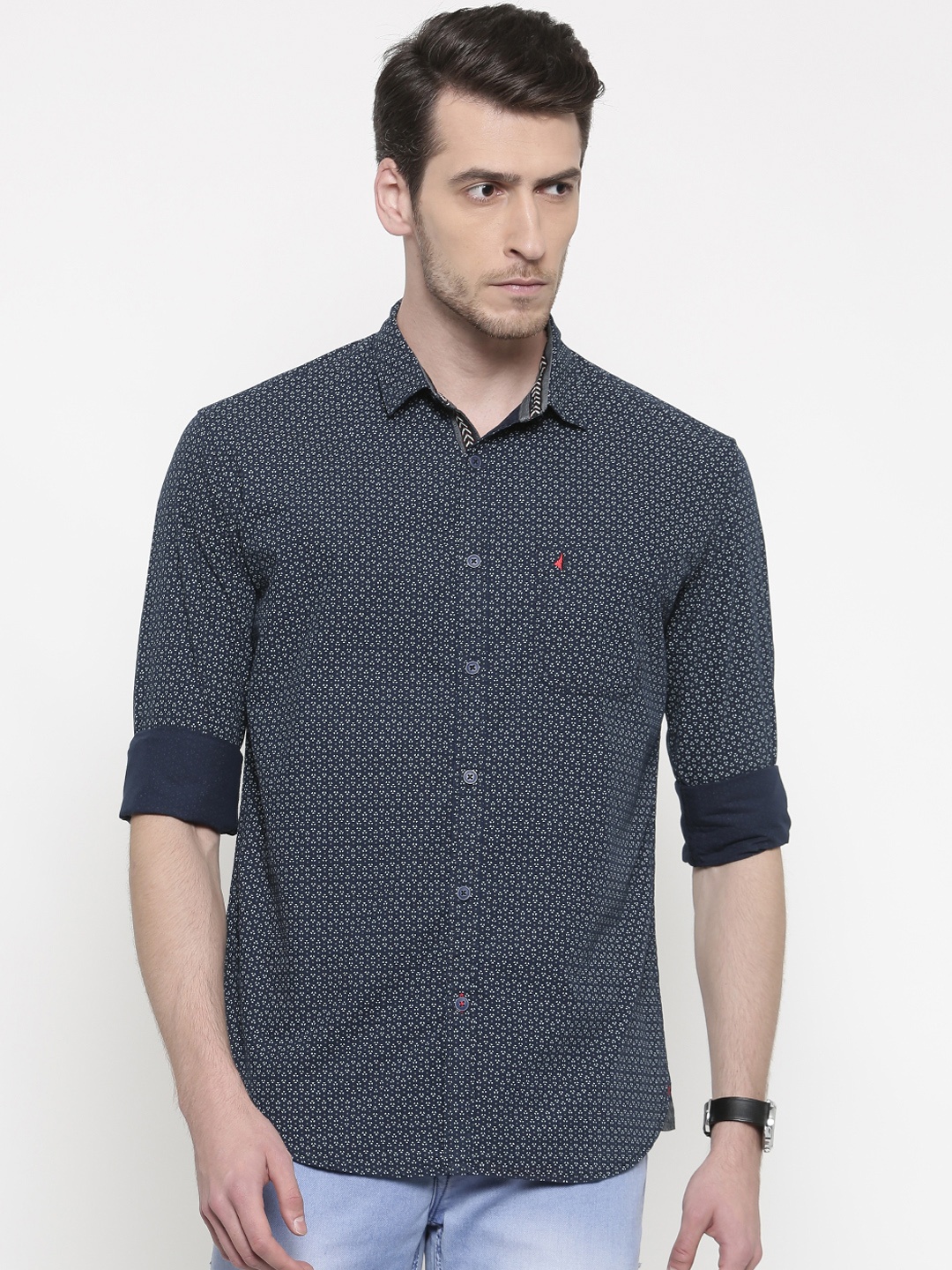 

British Club Men Navy Slim Fit Printed Casual Shirt, Navy blue